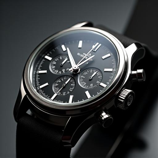Reloj cronógrafo con esfera negra y subesferas plateadas.
