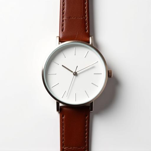 Reloj con esfera blanca limpia y correa de cuero marrón.