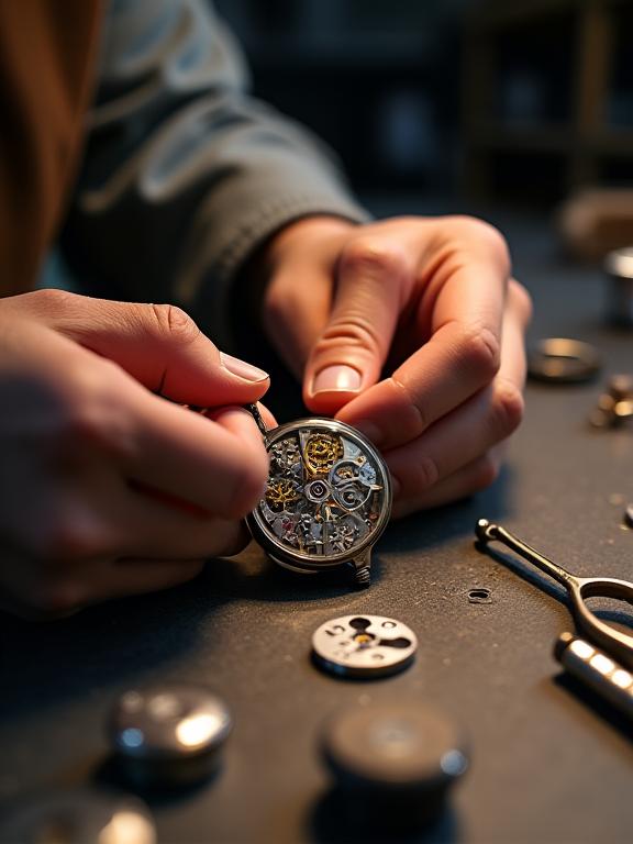 Manos de un relojero trabajando meticulosamente en un mecanismo de reloj.