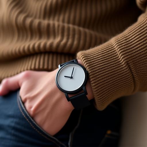 Primer plano de un reloj minimalista en la muñeca de un hombre con un suéter de punto.