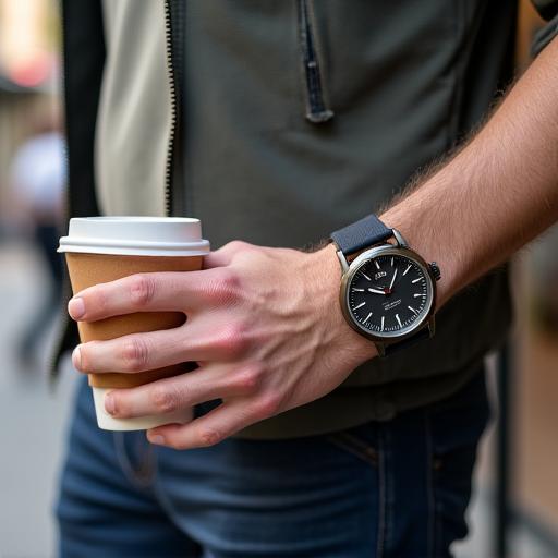 Hombre con ropa casual tomando un café con un reloj de correa de nylon.