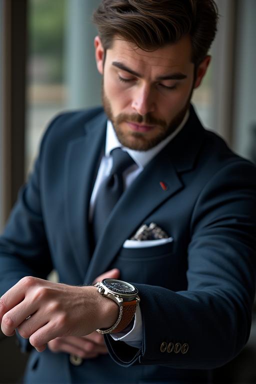 Hombre en traje de negocios mirando su reloj cronógrafo.