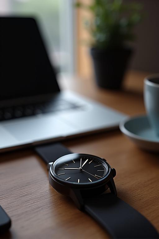 Reloj de esfera oscura sobre una mesa de café con un portátil al fondo.