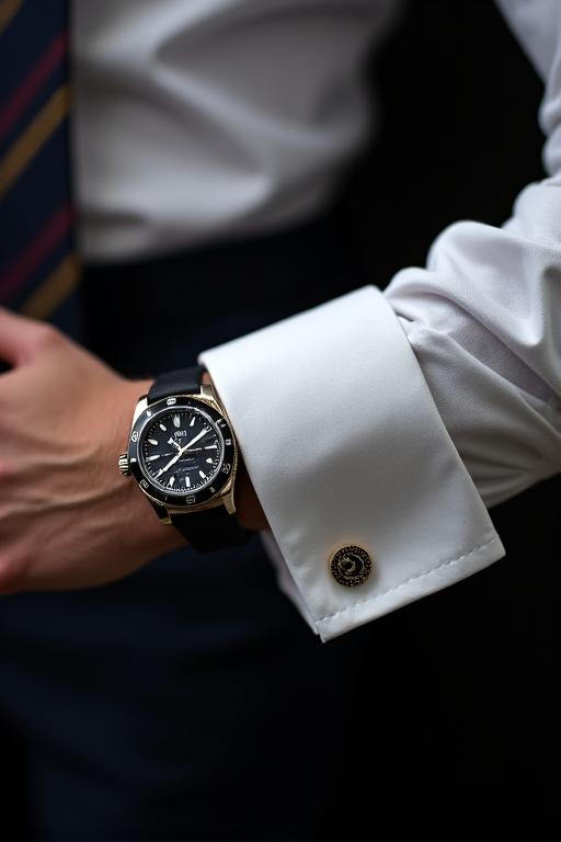 Hombre con camisa blanca y gemelos, con un reloj elegante en la muñeca.