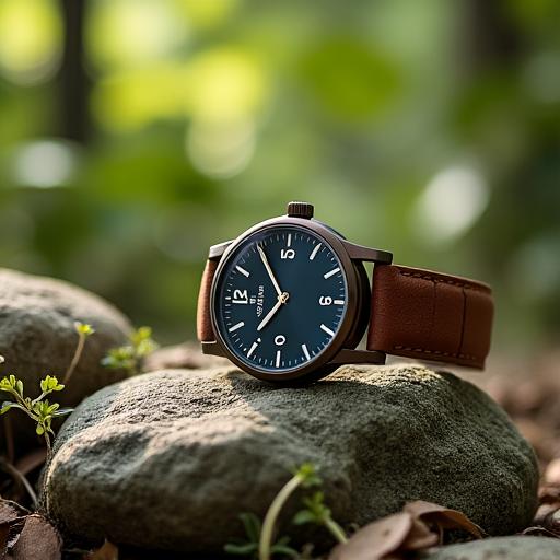 Reloj con correa de cuero en un ambiente natural, sobre una roca.