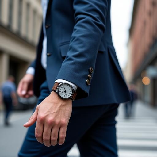 Reloj en la muñeca de un hombre caminando por una calle urbana.