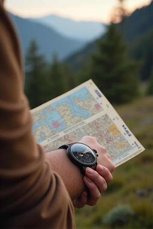 Persona con un reloj estilo aviador consultando un mapa.